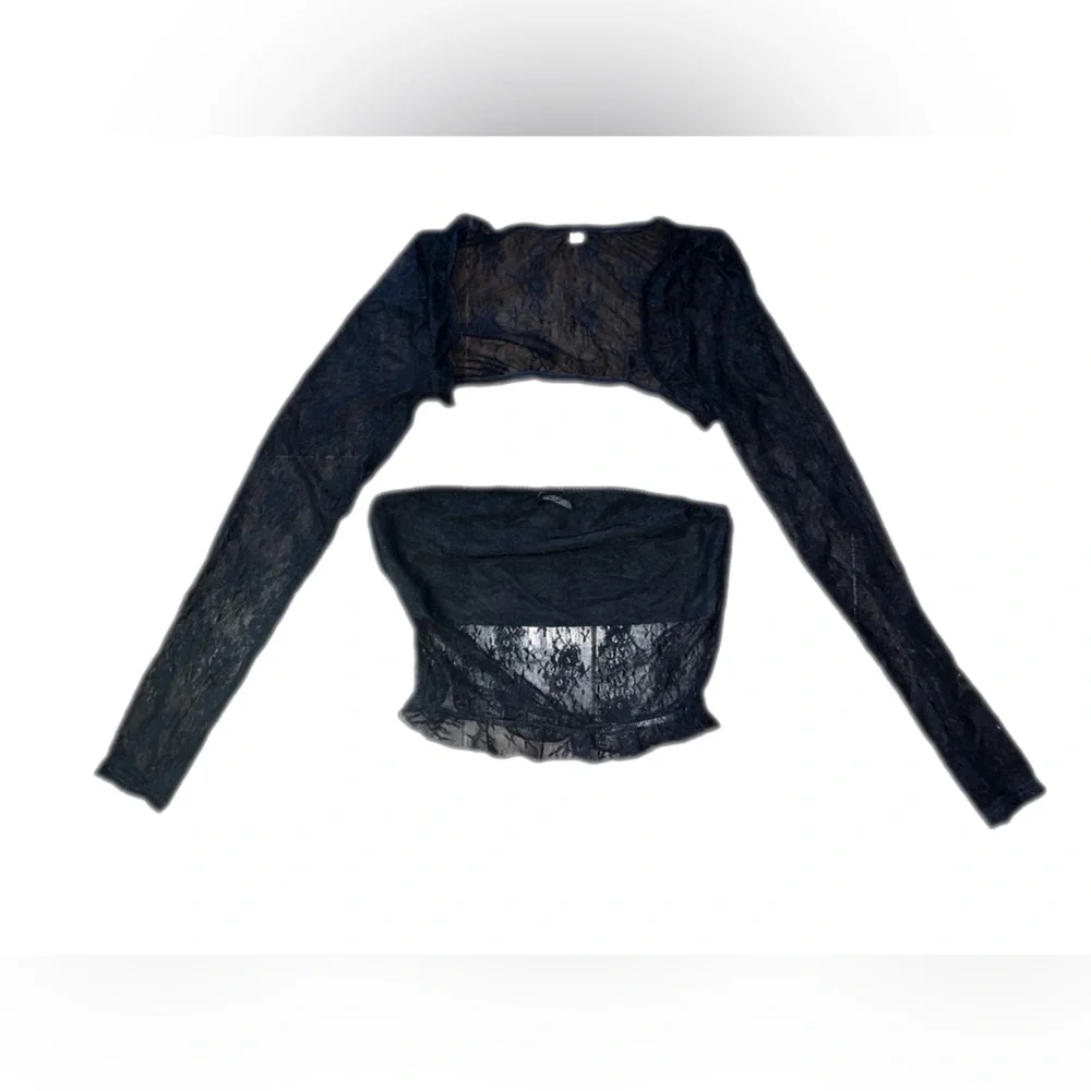 CSDAJIO Women's 2 Piece Set Sexy Floral Lace Long Sleeve Square Neck Crop Top